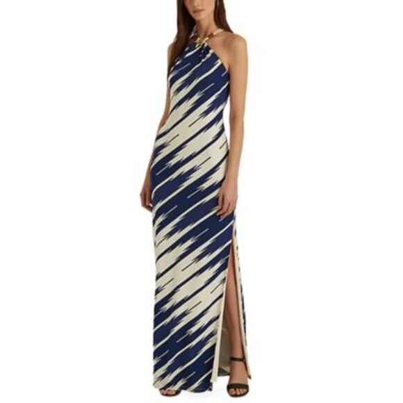 Lauren Ralph Lauren Print Jersey Halter Gown Blue White Women's Size 12 NWT NEW - Picture 1 of 12